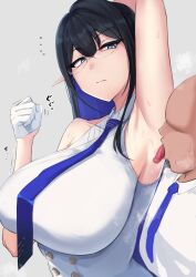 Rule 34 | 1boy, 1girl, annoyed, armpits, black hair, blue archive, blue eyes, blue necktie, breasts, collared shirt, colored inner hair, faceless, faceless male, glasses, gloves, highres, huge breasts, licking, licking armpit, long hair, multicolored hair, necktie, pointy ears, presenting armpit, rin (blue archive), sensei (blue archive), shirt, sleeveless, sleeveless shirt, sweat, tyamurai33, upper body, white gloves