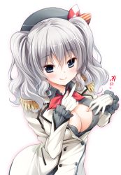 Rule 34 | 10s, 1girl, blue eyes, breasts, buttons, epaulettes, gloves, hair between eyes, kantai collection, kashima (kancolle), large breasts, long hair, looking at viewer, military, military uniform, silver hair, smile, solo, suzui narumi, twintails, unbuttoned, uniform, upper body, wavy hair, white gloves