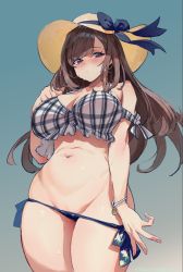 Rule 34 | 1girl, bikini, bikini pull, blue background, blue bikini, blue bow, blush, bow, breasts, brown hair, cleavage, clothes pull, gradient background, hat, hat bow, idolmaster, idolmaster shiny colors, large breasts, long hair, navel, off shoulder, pulling own clothes, red eyes, simao (x x36131422), simple background, solo, sun hat, sweat, swimsuit, tsukioka kogane