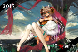 Rule 34 | 10s, 1girl, 2015, aqua eyes, bare shoulders, bell, body writing, brown hair, choker, cloud, fur, gond, horns, japanese clothes, kimono, long hair, looking at viewer, multicolored hair, new year, obi, original, pink hair, sash, sheep horns, sitting, sky, smile, solo, thighhighs, tree, two-tone hair, v arms, very long hair, white thighhighs