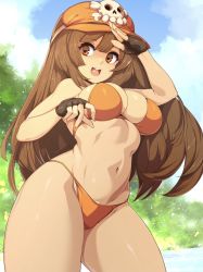 Rule 34 | 1girl, absurdres, bikini, breasts, brown eyes, brown hair, cleavage, curvy, guilty gear, guilty gear strive, hat, highres, large breasts, long hair, may (guilty gear), navel, open mouth, orange bikini, orange hat, skindentation, slugbox, smile, solo, standing, swimsuit, thick thighs, thighs