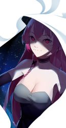 Rule 34 | 1girl, absurdres, black choker, black dress, braid, breasts, choker, cleavage, cloud9, commentary, detached sleeves, dress, english commentary, highres, kuroi enpitsu, looking at viewer, medium breasts, pink hair, red eyes, side braid, smile, solo, space, star (sky), strapless, strapless dress, vienna (vtuber), virtual youtuber