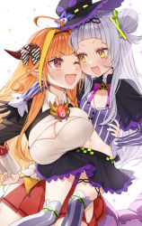 Rule 34 | 2girls, ahoge, arm around neck, black capelet, black gloves, black hairband, black headwear, black jacket, black skirt, blonde hair, blunt bangs, blush, bow, bowtie, braid, breasts, brooch, capelet, chain necklace, cheek-to-cheek, cleavage, cleavage cutout, clothing cutout, collared shirt, cowboy shot, cropped shirt, diagonal-striped bow, dragon girl, dragon horns, dragon tail, fangs, feet out of frame, flat chest, gem, gloves, hair bun, hair intakes, hair ornament, hairband, half updo, hand on own hip, hat, heads together, hexagram hair ornament, highres, hip vent, hololive, horn bow, horn ornament, horns, jacket, jewelry, kiryu coco, kiryu coco (1st costume), large breasts, lifting person, long hair, long sleeves, looking at another, lowleg, lowleg skirt, midriff, miniskirt, multicolored eyes, multicolored hair, multiple girls, murasaki shion, murasaki shion (1st costume), navel, necklace, omaru (0marufestival), one eye closed, open mouth, orange hair, pink neckwear, pleated skirt, pointy ears, purple capelet, purple eyes, purple shirt, red eyes, red skirt, shirt, side-tie skirt, side braid, side bun, sidelocks, silver hair, simple background, single braid, single side bun, skin fangs, skirt, sparkle, streaked hair, striped bow, striped clothes, striped shirt, striped thighhighs, tail, thighhighs, thighlet, vertical-striped clothes, vertical-striped shirt, vertical-striped thighhighs, virtual youtuber, white background, white shirt, witch hat, yellow eyes