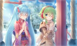 Rule 34 | 2girls, aqua eyes, aqua hair, blurry, blurry background, blush, brown coat, cherry blossom print, closed eyes, coat, commentary, day, expressionless, floral print, green hair, gumi, hair ornament, hair ribbon, hairpin, hatsumoude, hatsune miku, headphones, highres, japanese clothes, kimono, long hair, looking at another, multiple girls, new year, one eye closed, outdoors, own hands together, praying, red kimono, ribbon, rope, sakakidani, scarf, shide, shimenawa, short hair with long locks, smile, snow, temple, torii, tree, twintails, upper body, very long hair, vocaloid, white scarf, winter