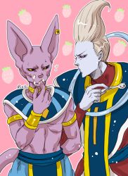 Rule 34 | 2boys, animal ears, arm cuffs, artist name, beerus, blue skin, cat ears, colored skin, dragon ball, dragonball z, earrings, egyptian clothes, finger in own mouth, food, fruit, god of destruction beerus, green skin, grey hair, hakaishin bills, jewelry, multiple boys, neck ring, pink background, purple skin, raku220p, robe, signature, simple background, spoon, strawberry, tail, whipped cream, whis, wrist cuffs