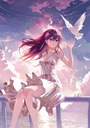Rule 34 | 1girl, absurdres, animal, bird, cloud, dress, feathers, floating hair, hair between eyes, hand up, highres, lacy (beees002), on railing, original, parted lips, purple hair, railing, red eyes, sitting, sky, sleeveless, sleeveless dress, solo, white dress, wind