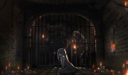 Rule 34 | 1girl, blush, candle, chain, commentary request, dark, fire, highres, indoors, lantern, long hair, looking at viewer, monster, multiple legs, oota youjo, original, prison, seiza, sitting, very long hair