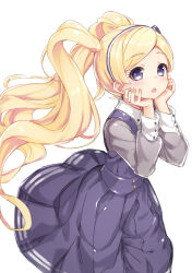Rule 34 | 1girl, :o, blonde hair, blush, collar, collared shirt, cowboy shot, dot nose, dress, emily stewart, eyelashes, fluffy hair, hair ribbon, hairband, hands on own cheeks, hands on own face, head rest, idolmaster, idolmaster million live!, idolmaster million live! theater days, kuresuku (lessons), long hair, long sleeves, looking at viewer, parted bangs, purple dress, purple eyes, ribbon, shirt, sidelocks, simple background, solo, twintails, very long hair, wavy hair, white background, white collar, wind, wind lift