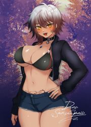 Rule 34 | 1girl, absurdres, belt collar, bikini, black bikini, black collar, black jacket, blue shorts, breasts, brown hair, cleavage, collar, collarbone, commission, cropped jacket, gradient hair, grey hair, hair between eyes, hand on own hip, heart, heart tattoo, highres, indie virtual youtuber, jacket, jewelry, large breasts, linea alba, lip piercing, multicolored hair, navel, necklace, open mouth, piercing, savii (vtuber), short shorts, shorts, skeb commission, sleeves past wrists, solo, ssbsn, swimsuit, tan, tattoo, teeth, two-tone hair, upper teeth only, virtual youtuber, yellow eyes