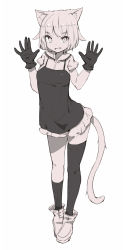Rule 34 | 1girl, animal ears, asymmetrical legwear, black gloves, boots, cat ears, cat tail, commentary, dress, fang, full body, gloves, greyscale, highres, kneehighs, looking at viewer, monochrome, open mouth, original, sailor collar, shone, short hair, simple background, single kneehigh, single sock, single thighhigh, smile, socks, solo, tail, thighhighs, uneven legwear, white background