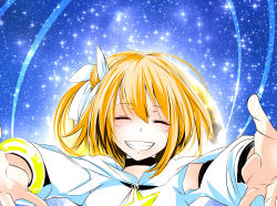 Rule 34 | 1girl, bad id, bad pixiv id, blonde hair, blush, closed eyes, facing viewer, grin, highres, kagerou project, kisaragi momo, negoto, outstretched arms, short hair, sky, smile, solo, star (sky), starry sky