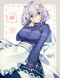 Rule 34 | 1girl, alternate costume, apron, blue eyes, blue sweater, blush, breasts, closed mouth, commission, cowboy shot, dated, hair between eyes, hair ornament, head tilt, heart, iroyopon, large breasts, letty whiterock, long sleeves, looking at viewer, ribbed sweater, short hair, signature, silver hair, sleeves past wrists, smile, solo, speech bubble, spoken heart, sweater, touhou, turtleneck, turtleneck sweater, wavy hair, white apron