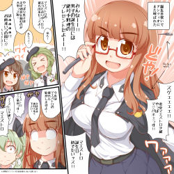 Rule 34 | &gt; &lt;, ..., 10s, 4girls, :d, :|, adjusting eyewear, alternate costume, anchovy, anchovy (cosplay), anchovy (girls und panzer), belt, blank eyes, blunt bangs, blush, breasts, brown hair, cape, closed eyes, closed mouth, comic, cosplay, dou-t, girls und panzer, glasses, green hair, hair between eyes, hair ribbon, highres, long hair, long sleeves, looking at viewer, multiple girls, necktie, open mouth, orange eyes, orange hair, ribbon, riding crop, skirt, smile, takebe saori, translation request, twintails, uniform