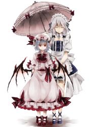 Rule 34 | 2girls, bat wings, bow, braid, detached collar, closed eyes, faux traditional media, hair bow, hair ornament, hair ribbon, hat, highres, holding, holding umbrella, izayoi sakuya, looking at viewer, maid, maid headdress, mob cap, multiple girls, parasol, pointy ears, red eyes, remilia scarlet, ribbon, short hair, silver hair, smile, standing, touhou, toutenkou, twin braids, umbrella, white background, wings