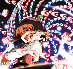 Rule 34 | 1girl, brown eyes, brown hair, buttons, crossed arms, danmaku, female focus, frilled hat, frills, hat, hiyorimi, long sleeves, lyrica prismriver, magic circle, musical note, one eye closed, open mouth, red hat, red shirt, shirt, short hair, solo, star (symbol), teeth, touhou, white sleeves