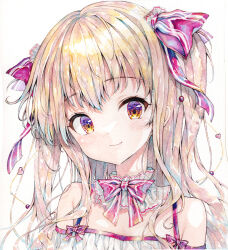 Rule 34 | 1girl, bare shoulders, blonde hair, bow, closed mouth, commentary request, grey background, hair bow, long hair, looking at viewer, mizuki yuuma, off-shoulder shirt, off shoulder, original, painting (medium), red bow, shirt, smile, solo, traditional media, two side up, upper body, watercolor (medium), white shirt