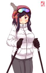 Rule 34 | 1girl, alternate costume, artist logo, black hair, black pants, blush, breasts, cowboy shot, dated, down jacket, gloves, goggles, goggles on headwear, hair ornament, hat, headgear, highres, jacket, kanon (kurogane knights), kantai collection, large breasts, long sleeves, looking at viewer, open mouth, pants, pink hat, polearm, red eyes, short hair, signature, simple background, ski gear, skiing, skis, solo, spear, weapon, white background, white jacket, winter clothes, yamashiro (kancolle), zipper