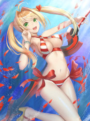 Rule 34 | 1girl, armpits, bikini, blonde hair, blush, caster (nero claudius), fate/grand order, fate (series), green eyes, happy, long hair, petals, solo, swimsuit, twintails
