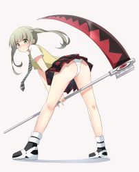 Rule 34 | 1girl, absurdres, ass, closed mouth, full body, green eyes, highres, ikazu401, long hair, looking at viewer, maka albarn, necktie, panties, plaid, plaid skirt, school uniform, scythe, simple background, skirt, solo, soul eater, twintails, underwear, weapon