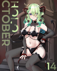 Rule 34 | 1girl, absurdres, aidoruhakase, antlers, black bra, black collar, black panties, black thighhighs, bra, breasts, bridal gauntlets, ceres fauna, collar, demon horns, demon tail, demon wings, flower, green hair, hair flower, hair ornament, highres, holding, holding whip, hololive, hololive english, horns, large breasts, lingerie, mole, mole under eye, navel piercing, panties, piercing, red nails, solo, tail, thighhighs, underwear, v-shaped eyebrows, virtual youtuber, wings, yellow eyes