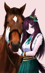 Rule 34 | 1girl, 1other, animal ears, bow, breasts, creature and personification, ear bow, fantomyu, frilled shirt, frills, gloves, green bow, green ribbon, hair ornament, hairclip, horse, horse ears, horse girl, horse tail, long hair, looking at viewer, medium breasts, mejiro dober (racehorse), mejiro dober (umamusume), neck ribbon, pink background, purple eyes, purple hair, real life, ribbon, shirt, simple background, sleeveless, sleeveless shirt, tail, umamusume, white gloves, white shirt