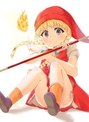 Rule 34 | &gt;:), 1girl, blonde hair, blue eyes, blush, bracelet, braid, closed mouth, commentary request, convenient leg, dragon quest, dragon quest xi, dress, fire, flat chest, hair tie, hat, highres, holding, holding staff, index finger raised, jewelry, long hair, looking at viewer, orange socks, puffy short sleeves, puffy sleeves, purple footwear, racchi., red dress, red hat, shadow, shoes, short sleeves, sitting, smile, socks, solo, staff, thighs, twin braids, upskirt, v-shaped eyebrows, veronica (dq11), white background