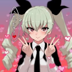 Rule 34 | 1girl, anchovy (girls und panzer), anzio school uniform, black cape, black necktie, black ribbon, blurry, blush, cape, closed mouth, commentary, double v, dress shirt, drill hair, emblem, girls und panzer, green hair, hair ribbon, heart, highres, light blush, lips, long hair, long sleeves, looking at viewer, necktie, one-hour drawing challenge, red eyes, restart (asasyan060805), ribbon, school uniform, shirt, smile, solo, translated, twin drills, twintails, v, white shirt