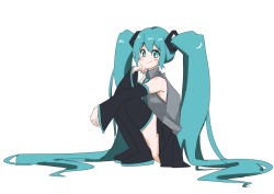 Rule 34 | 1girl, 3774., absurdly long hair, aqua eyes, aqua hair, aqua necktie, bare shoulders, black skirt, black sleeves, black thighhighs, commentary, detached sleeves, from side, full body, grey shirt, hand on own chin, hatsune miku, headphones, knees up, long hair, looking at viewer, miniskirt, necktie, pleated skirt, shirt, sitting, skirt, sleeveless, sleeveless shirt, smile, solo, thighhighs, twintails, very long hair, vocaloid, white background, zettai ryouiki