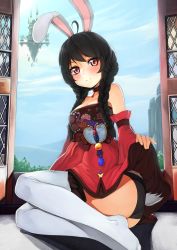 Rule 34 | 1girl, absurdres, ahoge, animal ears, ass, bad id, bad pixiv id, bare shoulders, black hair, black panties, blush, bow, braid, clothes lift, collar, collarbone, detached sleeves, dress, dress lift, elin, floating castle, highres, long hair, looking at viewer, no shoes, original, oxxo (dlengur), panties, rabbit ears, rabbit tail, red dress, red eyes, sitting, smile, solo, tail, tera online, thighhighs, twin braids, underwear, white thighhighs, yokozuwari