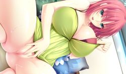 Rule 34 | blush, bottomless, breasts, censored, cleavage, fingering, green eyes, huge breasts, no panties, presenting, pussy, red hair, short hair, source request, spread legs, sweat, tagme, tank top, thighs