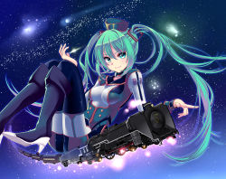 Rule 34 | 1girl, boots, green eyes, green hair, hat, hatsune miku, high heels, highres, knee boots, matching hair/eyes, smile, solo, train, twintails, vocaloid, yamaha, yami (m31)