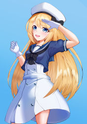Rule 34 | absurdres, artist request, beret, blonde hair, blue background, blue eyes, breasts, collarbone, dress, gloves, hat, highres, jervis (kancolle), kantai collection, long hair, salute, simple background, small breasts, white dress, white gloves