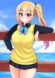 Rule 34 | 1girl, absurdres, black shirt, blonde hair, blue bow, blue bowtie, blush, bow, bowtie, breasts, collared shirt, gradient hair, hand on own hip, hand up, highres, kawakami mai, large breasts, long hair, long sleeves, looking at viewer, mole, mole under eye, multicolored hair, musaigen no phantom world, ocean, pleated skirt, purple eyes, school uniform, shirt, side ponytail, sidelocks, skirt, smile, solo, sweater vest, the only shoe