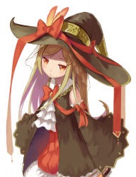 Rule 34 | alternate hair color, alternate hair length, alternate hairstyle, blonde hair, bow, brown eyes, detached sleeves, dress, feathers, hat, highres, lino-lin, original, sleeves past wrists, solo, witch hat