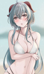Rule 34 | 1girl, bare arms, bare shoulders, bikini, blue hair, blush, breasts, brown eyes, cleavage, collarbone, commentary request, ganyu (genshin impact), genshin impact, hair between eyes, highres, horns, large breasts, long hair, looking at viewer, navel, parted lips, solo, stomach, swimsuit, upper body, very long hair, white bikini, yuzuyu (hyui)