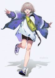 1girl :d bike_shorts blouse fanny_pack full_body grey_hair highres idolmaster idolmaster_shiny_colors jacket leg_up looking_at_viewer nike_(company) open_clothes open_jacket open_mouth outstretched_arms oversized_clothes oversized_shirt purple_jacket serizawa_asahi shadow shirt shoes short_hair simple_background smile sneakers solo white_background white_shirt yomizu