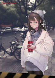 Rule 34 | 1boy, 1girl, 1other, absurdres, bad id, bad pixiv id, bag, bicycle, black legwear, blurry, blurry background, brown hair, can, car, caution tape, closed mouth, dated, drinking straw, facial mark, film grain, grey headwear, hair ornament, hairclip, heart, heart-shaped pupils, highres, holding, holding bag, holding can, jacket, long hair, mole, mole under eye, motor vehicle, multicolored hair, mumuy, original, outdoors, photo (medium), purple eyes, shopping bag, silhouette, sleeves past wrists, solo focus, streaked hair, symbol-shaped pupils, tree, turtleneck, white hair, white jacket