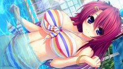 Rule 34 | 1girl, bikini, blue eyes, blush, breasts, collarbone, game cg, hair ribbon, huge breasts, long hair, looking at viewer, navel, partially submerged, pink hair, ponytail, pool, ribbon, smile, solo, standing, swimsuit, syroh, water, wet, yakimochi stream