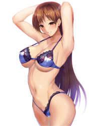 Rule 34 | 1girl, armpits, arms behind head, blue bra, blue panties, blush, bra, breasts, brown eyes, brown hair, cleavage, collarbone, commentary request, cowboy shot, groin, highleg, highleg panties, highres, idolmaster, idolmaster cinderella girls, lace, lace-trimmed bra, lace-trimmed panties, lace trim, large breasts, light particles, lingerie, long hair, navel, nitta minami, panties, parted lips, satou daiji, sidelocks, simple background, smile, solo, stomach, tareme, underwear, underwear only, white background