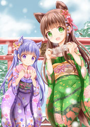 Rule 34 | &gt;:), 2girls, :d, animal ears, blunt bangs, blush, brown hair, closed mouth, commentary request, corrupted file, crossover, day, dog ears, flat chest, floral print, flower, fur-trimmed kimono, fur trim, gochuumon wa usagi desu ka?, green eyes, green kimono, hair ornament, highres, holding, japanese clothes, kemonomimi mode, kimono, light purple hair, long hair, long sleeves, looking at viewer, multiple girls, new game!, new year, obi, open mouth, outdoors, paper, print kimono, print sash, purple eyes, purple kimono, replaceme, sash, smile, snow, standing, suzukaze aoba, torii, twintails, ujimatsu chiya, v-shaped eyebrows, wide sleeves, xenon (for achieve)