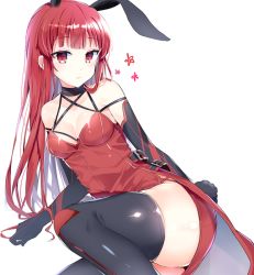 Rule 34 | 1girl, animal ears, bad id, bad pixiv id, bare shoulders, black gloves, black thighhighs, choker, crimson avenger (elsword), dress, elesis (elsword), elsword, fake animal ears, gloves, leotard, long hair, looking at viewer, parted lips, pinb, playboy bunny, rabbit ears, rabbit tail, red dress, red eyes, red hair, shadow, shiny skin, simple background, solo, tail, thighhighs, white background