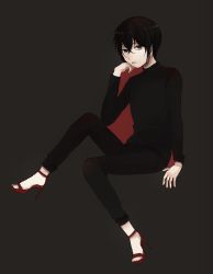 Rule 34 | androgynous, black eyes, black hair, black pants, black shirt, fruits basket, full body, gender request, grey background, hair between eyes, hand up, high heels, highres, invisible chair, iquereat, looking at viewer, pants, red footwear, shirt, sitting, solo, souma akito