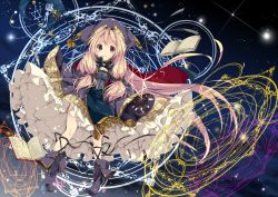 Rule 34 | 1girl, blonde hair, blue footwear, blush, book, boots, dress, female focus, fingerless gloves, frilled dress, frills, gloves, light particles, long hair, looking at viewer, low twintails, magic circle, mizu (nonbiri), original, outstretched arm, red eyes, sky, solo, staff, star (sky), star (symbol), starry sky, tareme, twintails, very long hair
