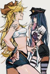 Rule 34 | 2girls, absurdres, black shorts, blonde hair, blue hair, blue shorts, cowboy hat, hat, highres, honekoneko (psg), long hair, looking at viewer, mkmwyydlp, multiple girls, panty &amp; stocking with garterbelt, panty (psg), police hat, red nails, shirt, shorts, shoulder tattoo, siblings, sisters, sketch, smile, stocking (psg), stomach, tank top, tattoo, thighhighs, thighs, very long hair, white background, white shirt, white tank top, white thighhighs