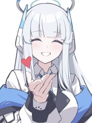 Rule 34 | 1girl, blue archive, blue necktie, breasts, closed eyes, collared shirt, facing viewer, grey hair, grin, halo, heart, highres, jacket, large breasts, long hair, long sleeves, mechanical halo, necktie, noa (blue archive), reia 76, shirt, simple background, smile, solo, upper body, white background, white jacket, white shirt
