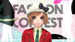 Rule 34 | 1girl, beret, blazer, bob cut, bow, brown eyes, brown hair, collared shirt, english text, eyelashes, eyeshadow, fashion, girls mode 2, green necktie, hat, jacket, leather, leather jacket, makeup, necktie, nicky (style savvy), nintendo, official art, pink eyeshadow, pink lips, plaid, plaid jacket, red leather, runway, screencap, shirt, sign, solo, solo focus, stage, style savvy (video game series), upper body, white hat