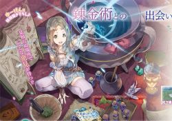Rule 34 | 1girl, atelier (series), atelier firis, berry, book, bottle, braid, brown hair, cauldron, detached sleeves, feathers, female focus, firis mistlud, from above, green eyes, jacket, jewelry, kneeling, leaf, long hair, official art, open book, open mouth, paper, scroll, solo, thighhighs, white thighhighs, yuugen