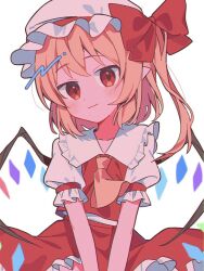 Rule 34 | 1girl, ascot, blonde hair, blush, closed mouth, collarbone, collared shirt, cowboy shot, crystal, flandre scarlet, frilled shirt collar, frilled skirt, frilled sleeves, frills, hair between eyes, hat, light smile, long hair, mob cap, one side up, pointy ears, red ascot, red eyes, red skirt, shirt, short sleeves, simple background, skirt, solo, touhou, umi (umui), white background, white hat, white shirt, wings, yellow ascot
