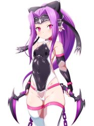 Rule 34 | 1girl, adapted costume, bare shoulders, blurry, blush, breasts, cameltoe, covered erect nipples, covered navel, cowboy shot, danpu, depth of field, dual wielding, elbow gloves, eyes visible through hair, fate/grand order, fate (series), fingerless gloves, fishnets, frown, gloves, hair intakes, halterneck, highres, holding, legs together, leotard, long hair, looking at viewer, medusa (fate), medusa (lancer) (fate), medusa (rider) (fate), ponytail, purple eyes, purple hair, rider, shiny clothes, simple background, skin tight, small breasts, solo, standing, taimanin (series), taimanin suit, thighhighs, very long hair, white thighhighs