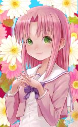 Rule 34 | 1girl, alternate costume, aria (manga), artist name, blue background, blush, bow, bowtie, breasts, closed mouth, collarbone, commentary request, cropped jacket, floral background, flower, forehead, green eyes, highres, jacket, long hair, long sleeves, looking at viewer, mizunashi akari, own hands together, parted bangs, pink flower, pink hair, pink jacket, purple bow, purple bowtie, sailor collar, school uniform, shirt, sidelocks, signature, small breasts, smile, solo, telaform, upper body, white flower, white shirt